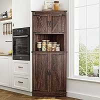 68" Tall Farmhouse Corner Cabinet with Barn Doors, 28.3" Storage Unit, 4 Doors & 5 Adjustable Shelves for Kitchen Bathroom - Brown