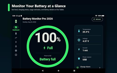 Battery Monitor Pro 2026 for Fire Tablet Charge Alarm, Usage Time & Battery History – vue 2