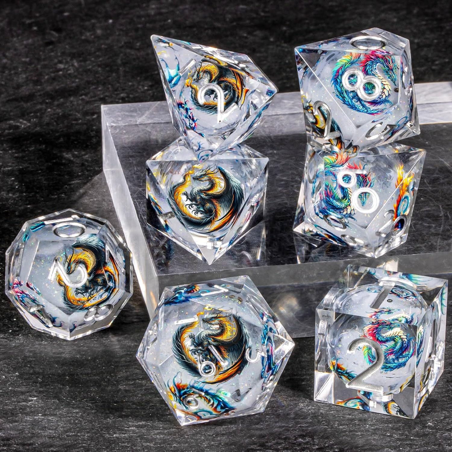 OUKELANWO Liquid Core Dragons Stickers DND Dice Set D&D, 7Pcs Dungeons D and D Role Playing Dice with Gift Box, Resin Sharp Edge Dice D20 D12 D10 D8 D6 D4, White