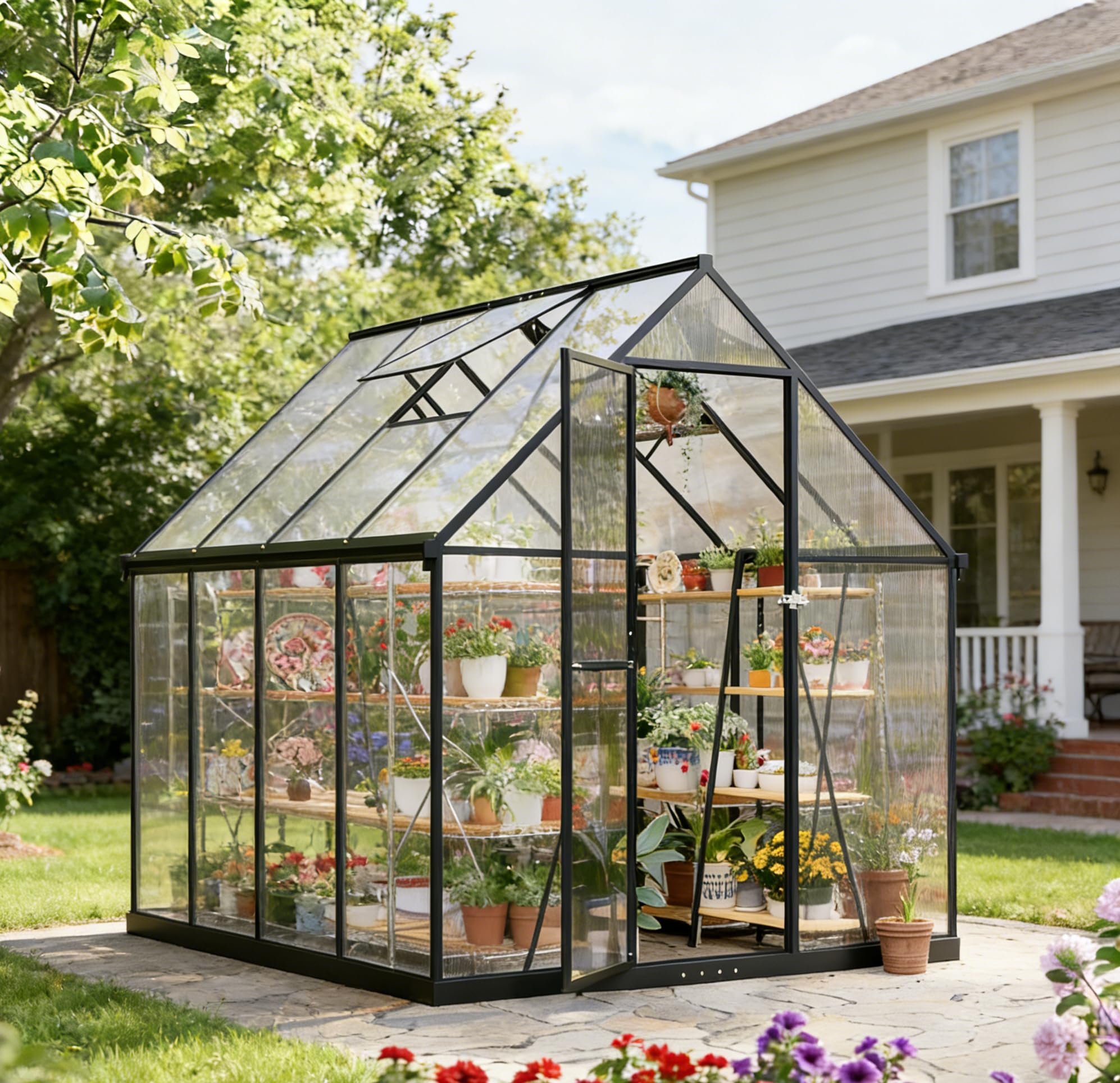 2026 Polycarbonat Gewächshaus Schwarz 281x175x195, Aluminiumrahmen Garten & Terrasse Pflanzenhaus mit Lüftungsfenster, Regenrinnen, Stabil Alle Wetter, Winterfest Außengewächshaus, Tomatengewächshaus