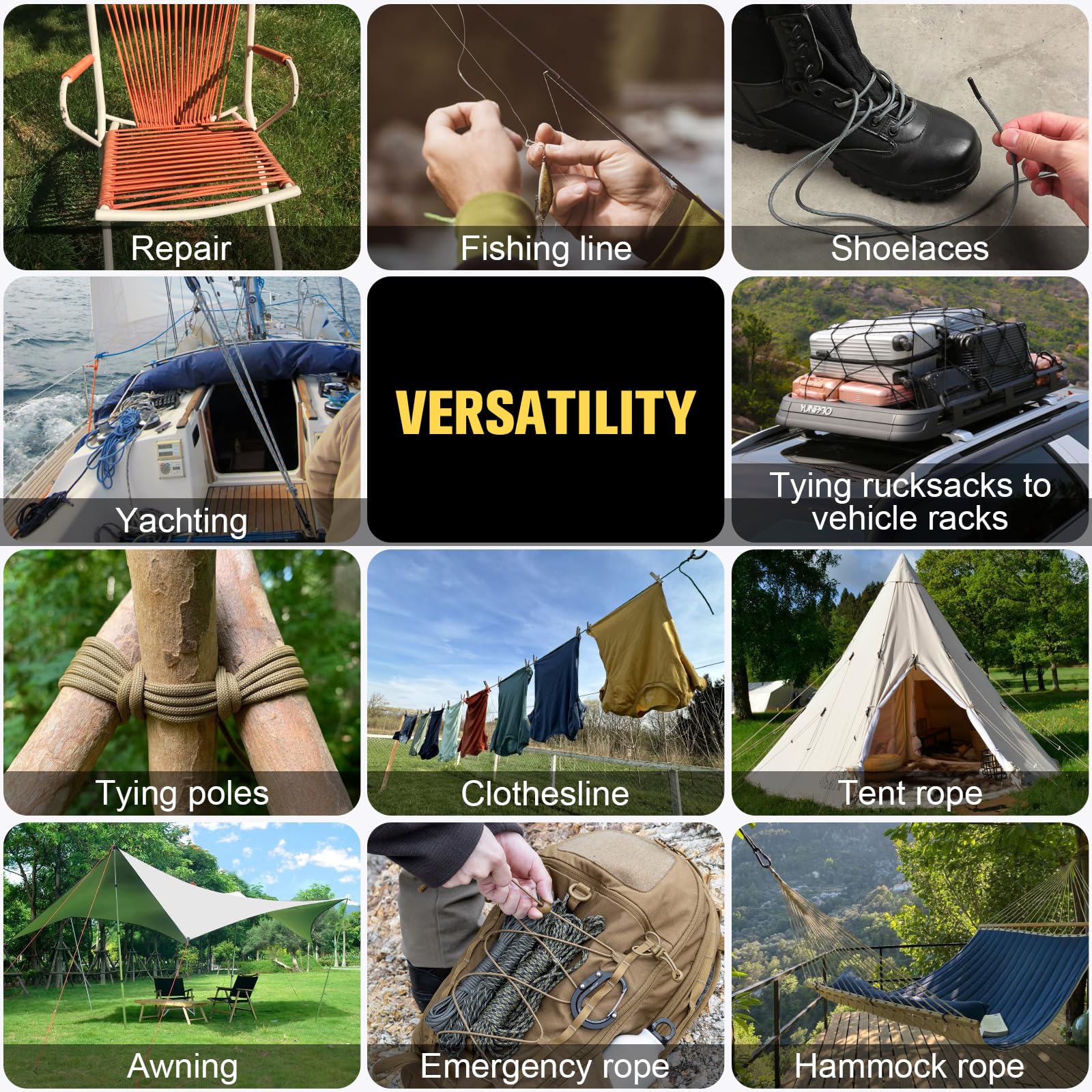 Cuerda de paracaídas de 750 libras - 500 pies 0.15 pulgadas, cuerda de paracaídas de 4 mm, 12 hebras para cuerda, cuerda de carrete resistente para supervivencia, equipo de camping, pulsera