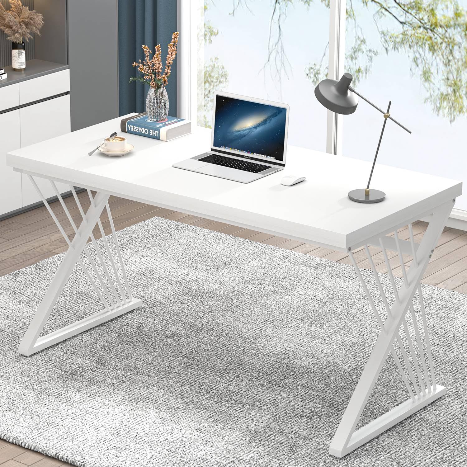 FOLUBAN Modern White Desk, Rustic Wood and Metal Computer Desk for