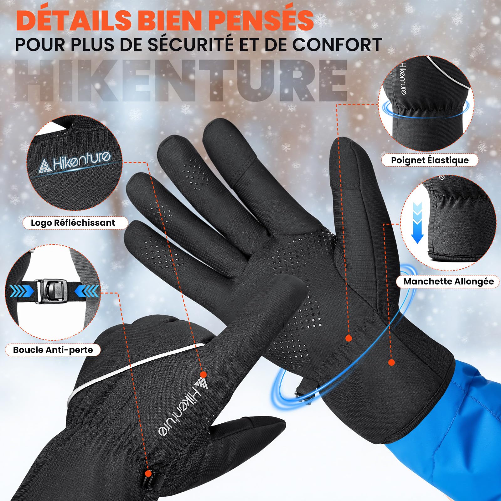 HIKENTURE Gants d'hiver imperméables, gants de cyclisme pour homme et femme avec polaire - Chauds et coupe-vent - Écran tactile - Gants de vélo d'hiver - Gants de ski antidérapants - Gants de course
