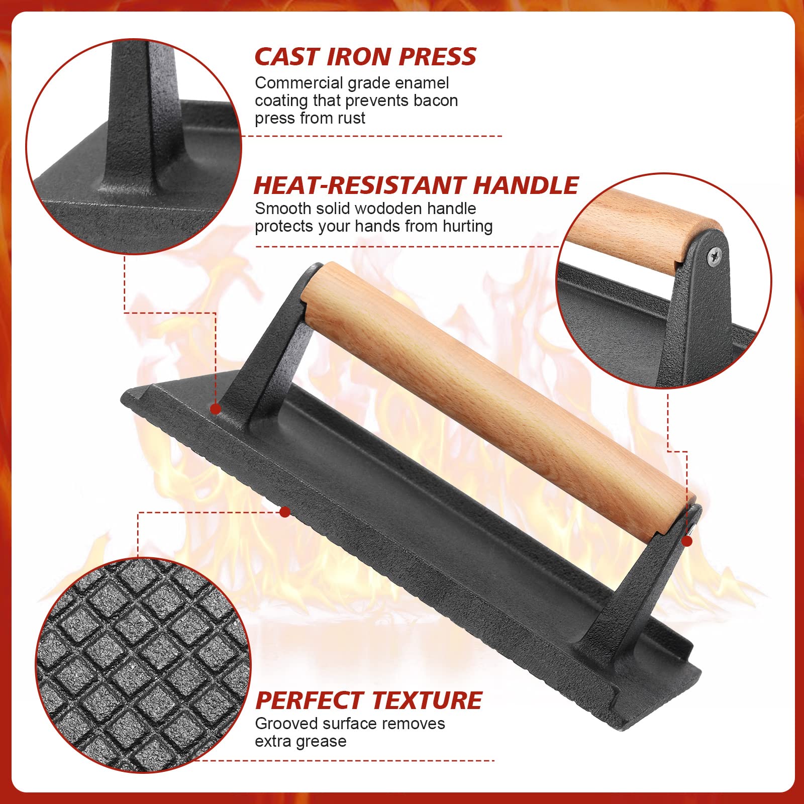 Gusseisen-Grillpresse, Speckpresse, 20,3 x 10,2 cm, vorgewürzte Burgerpresse, Sandwichpresse, Fleischpresse für Grill, BBQ, Burger, Brot, Steaks, 3 Stück