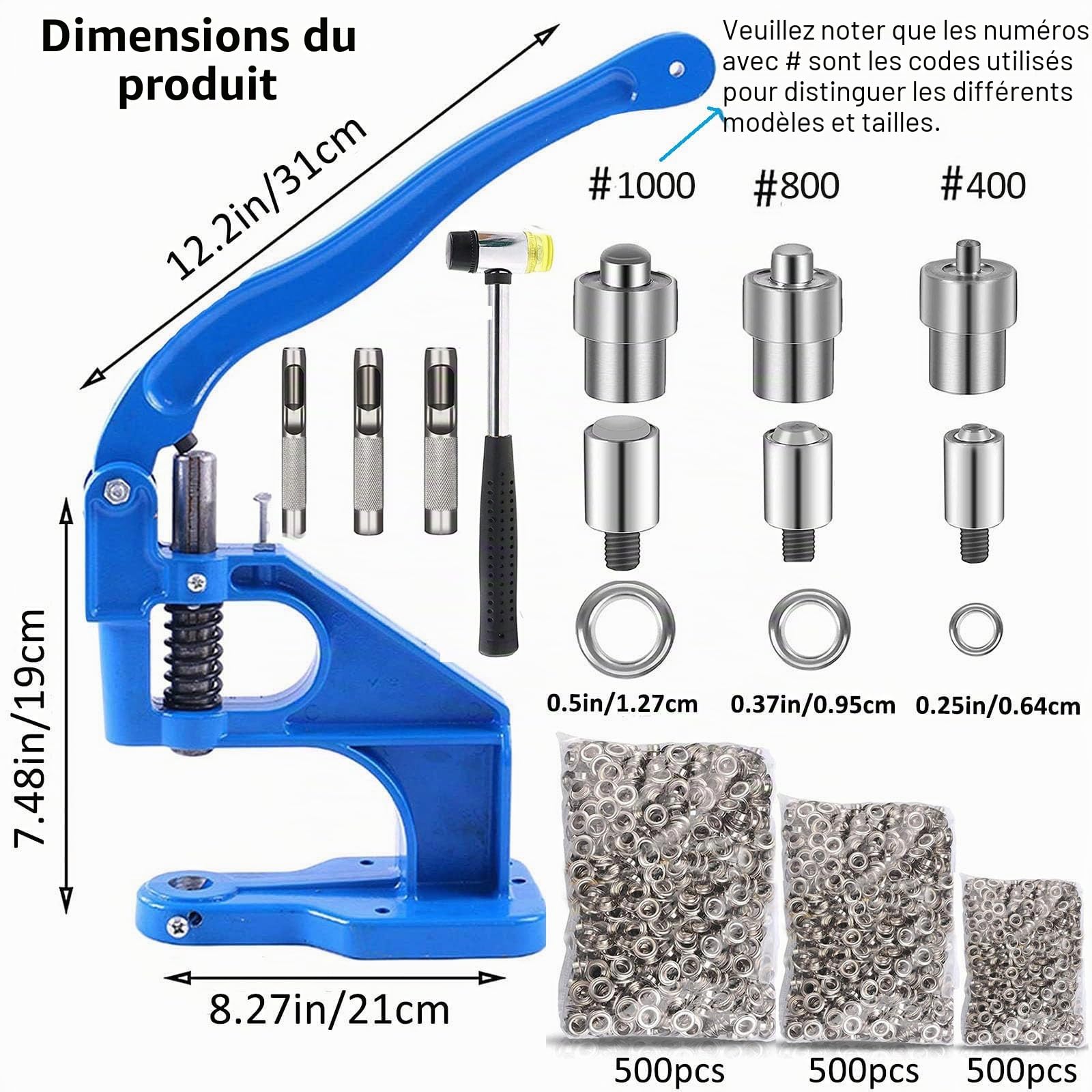 Machine à œillets Machine a Pince Oeillet Cuir Pince a Rivet Couture Pinces Perforatrices Presse-œillet à Main Résistants avec 3 moules 1500 œillets(6/10/12mm) pour Baches Tissus Bannières Artisanat