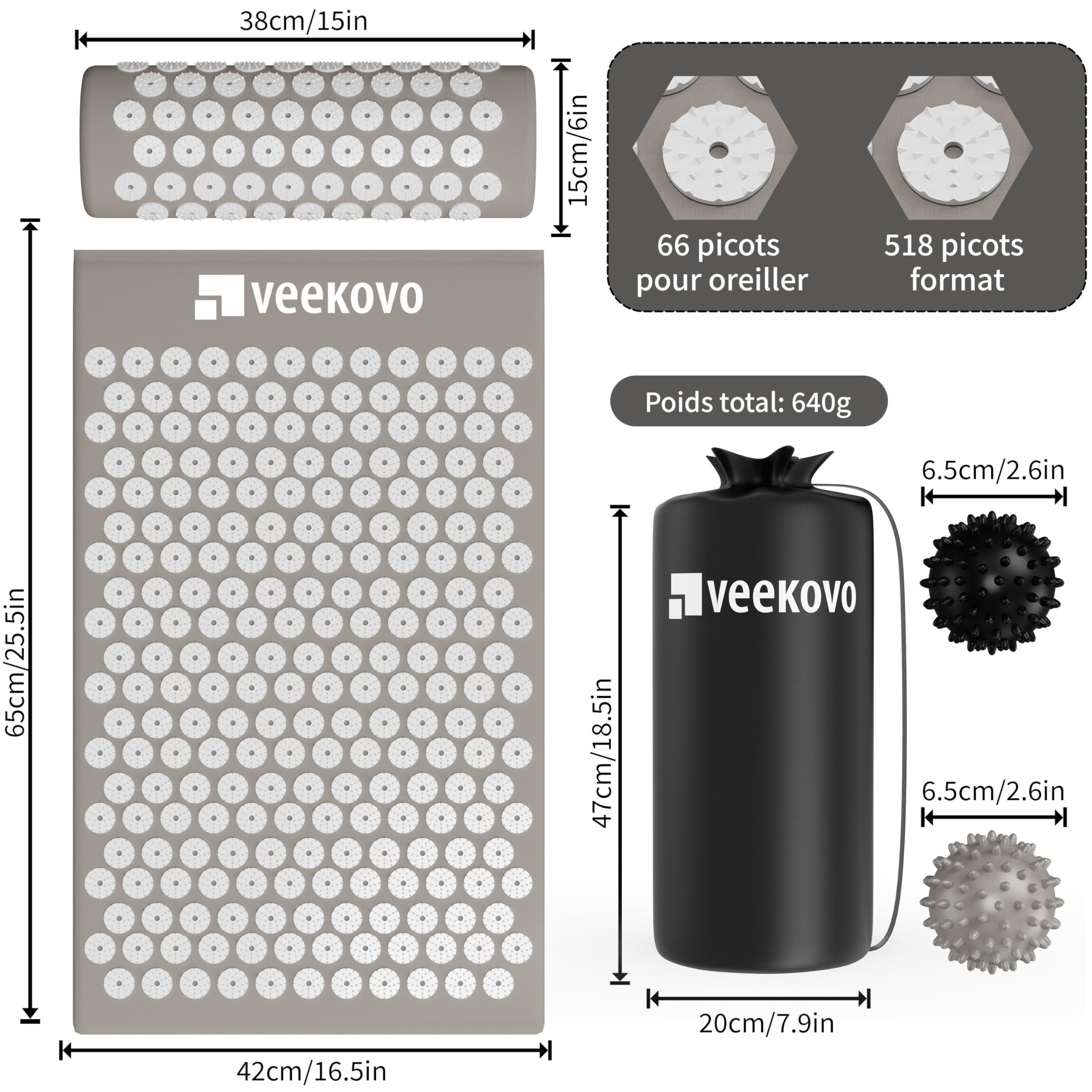 Kit d'acupression, Tapis d'Acupression + Coussin + Boule de Massage, Mal De Dos - Relaxation et Traitement de la Douleur, Soulage douleurs Dos et Cou (Gris)