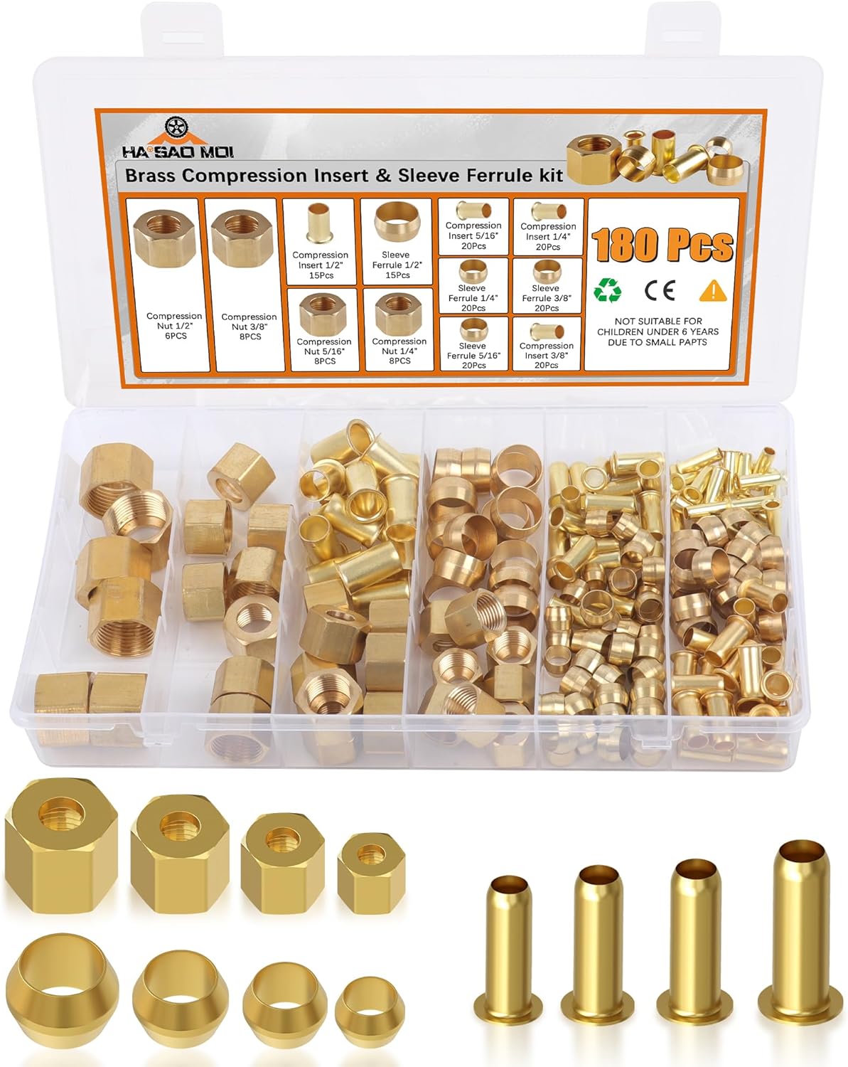 180PCS Compression Fittings Assortment kit - 4 sizes (1/4", 3/8", 5/16", 1/2") of Brass Compression Sleeve Ferrule, Insert and nuts - used to connect lines for air,water,fuel,oil and inert gases
