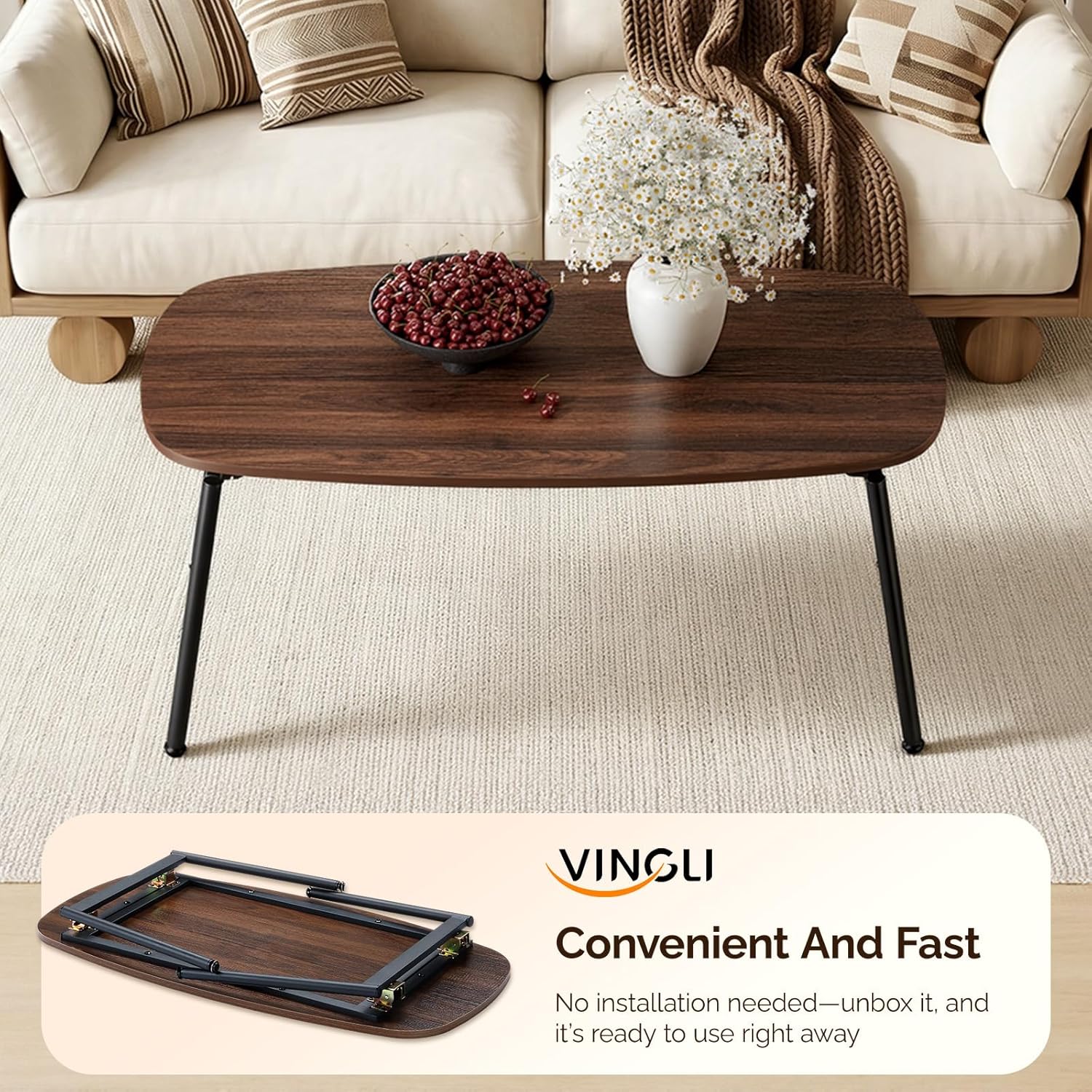 VINGLI 31.5" Folding Coffee Table, Portable Small Coffee Tables for Living Room, Foldable Center Table for Small Spaces, No Assembly Needed, Walnut