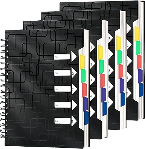 CAGIE Set de 4 cuadernos en espiral de 5 asignaturas, cuaderno de 240 páginas para el trabajo con divisores y pestañas, cuaderno pequeño A5 para