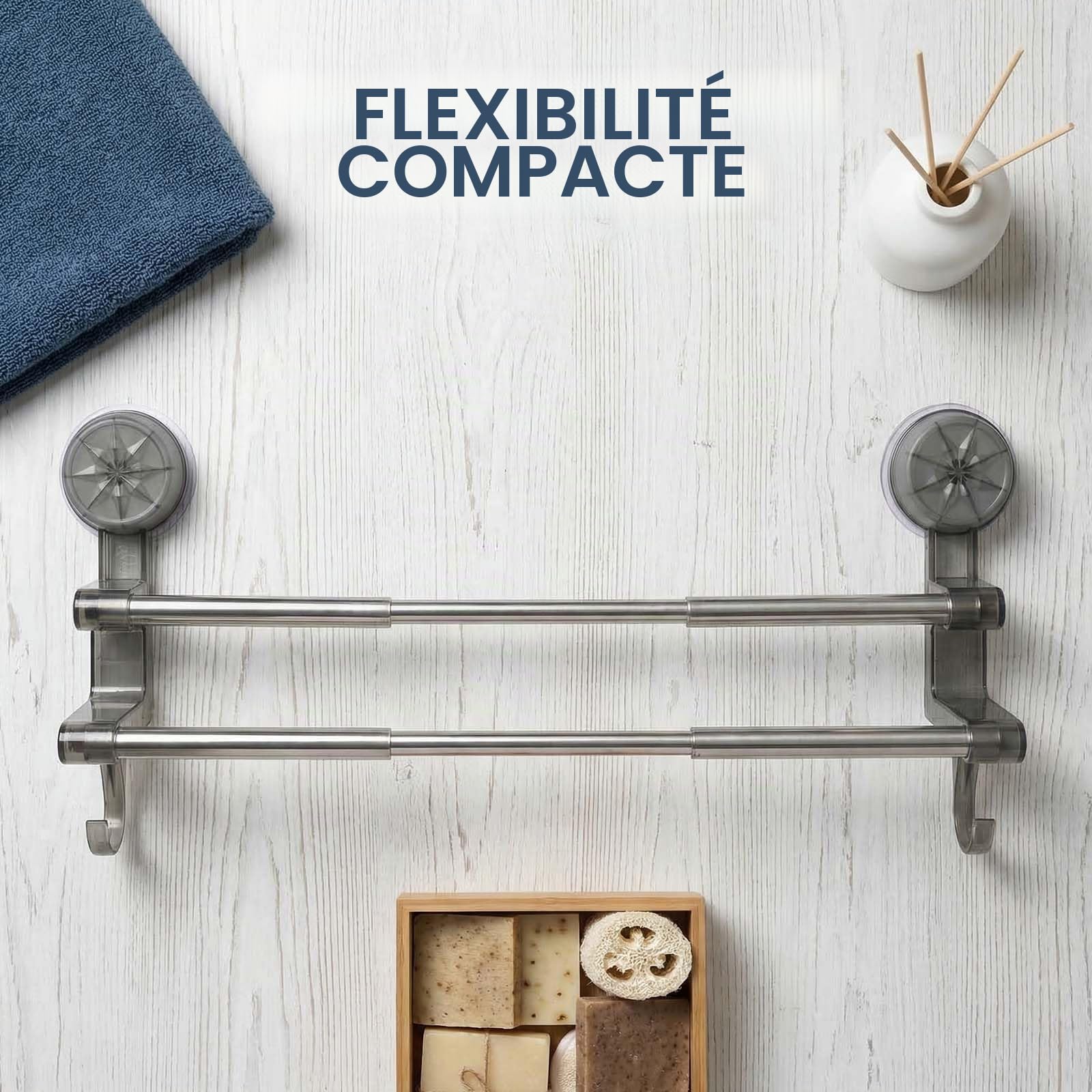 Porte-serviettes Double Extensible en Acier Inoxydable Gris, Barre de Serviette Télescopique 30-60cm pour Salle de Bain et Cuisine, Montage Mural Sans Perçage avec Ventouse, Étagère de Rangement Moder