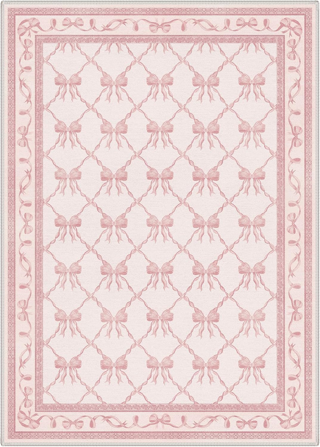 Bavni Area Rugs 5X7 for Living Room，Soft Machine Washable Rug，Cute Floral Carpet with Non Slip Backing for Dining Room Girls Room Nursery Room and Kids Room or Playroom，Pink Bow