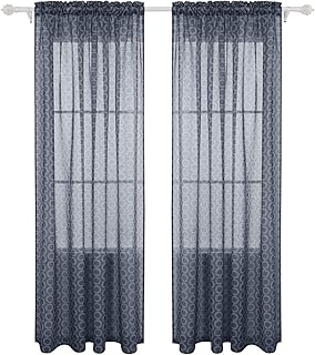 Deconovo Linen Look Rod Pocket Window Curtains Circle Printed Sheer for Living Room, 42x95, Navy Blue