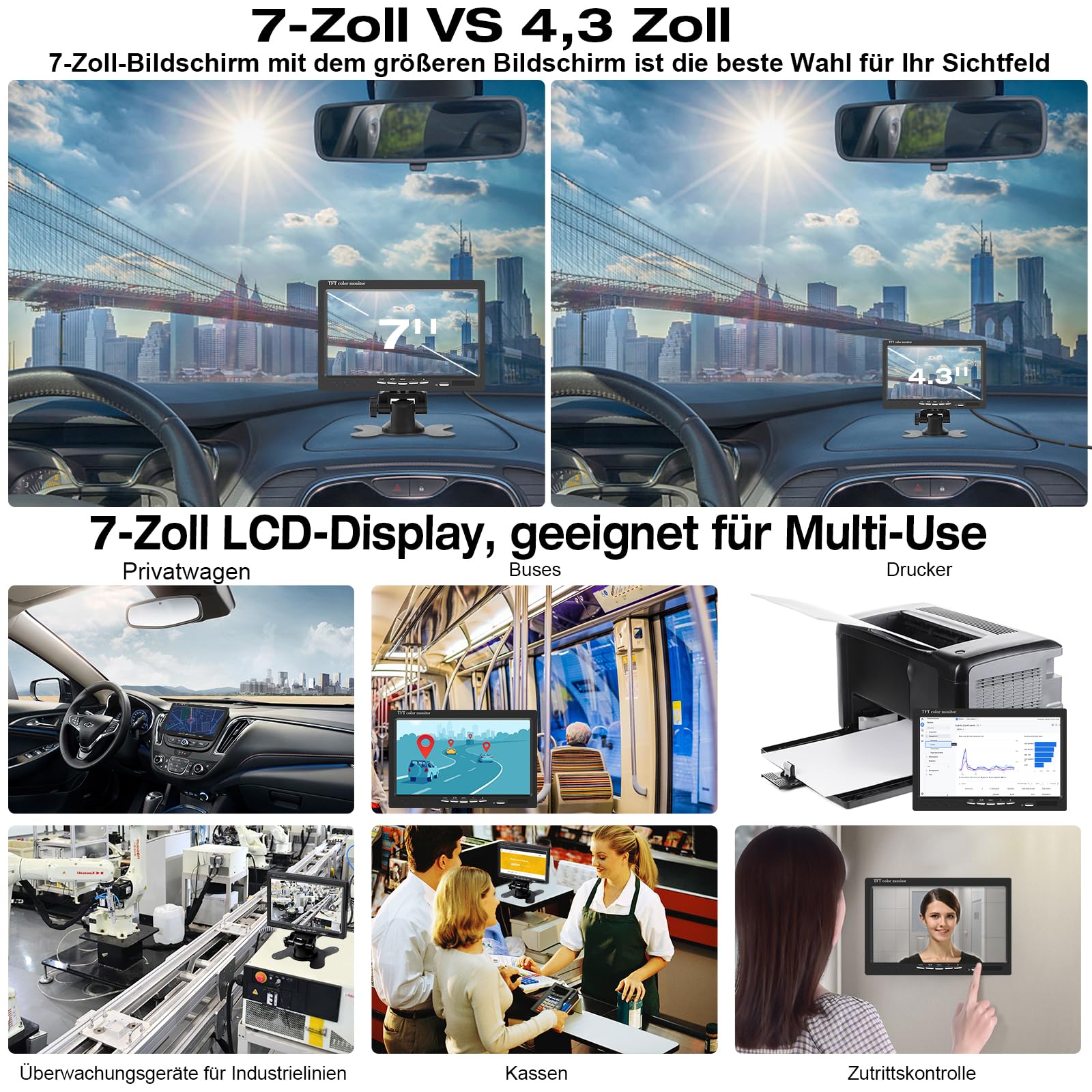 AISHICHEN Moniteur de Vision Arrière 7" TFT LCD pour Système de Caméra - Écran pour Berline, SUV, Van avec Deux Entrées Vidéo - Alimentation 12V/24V