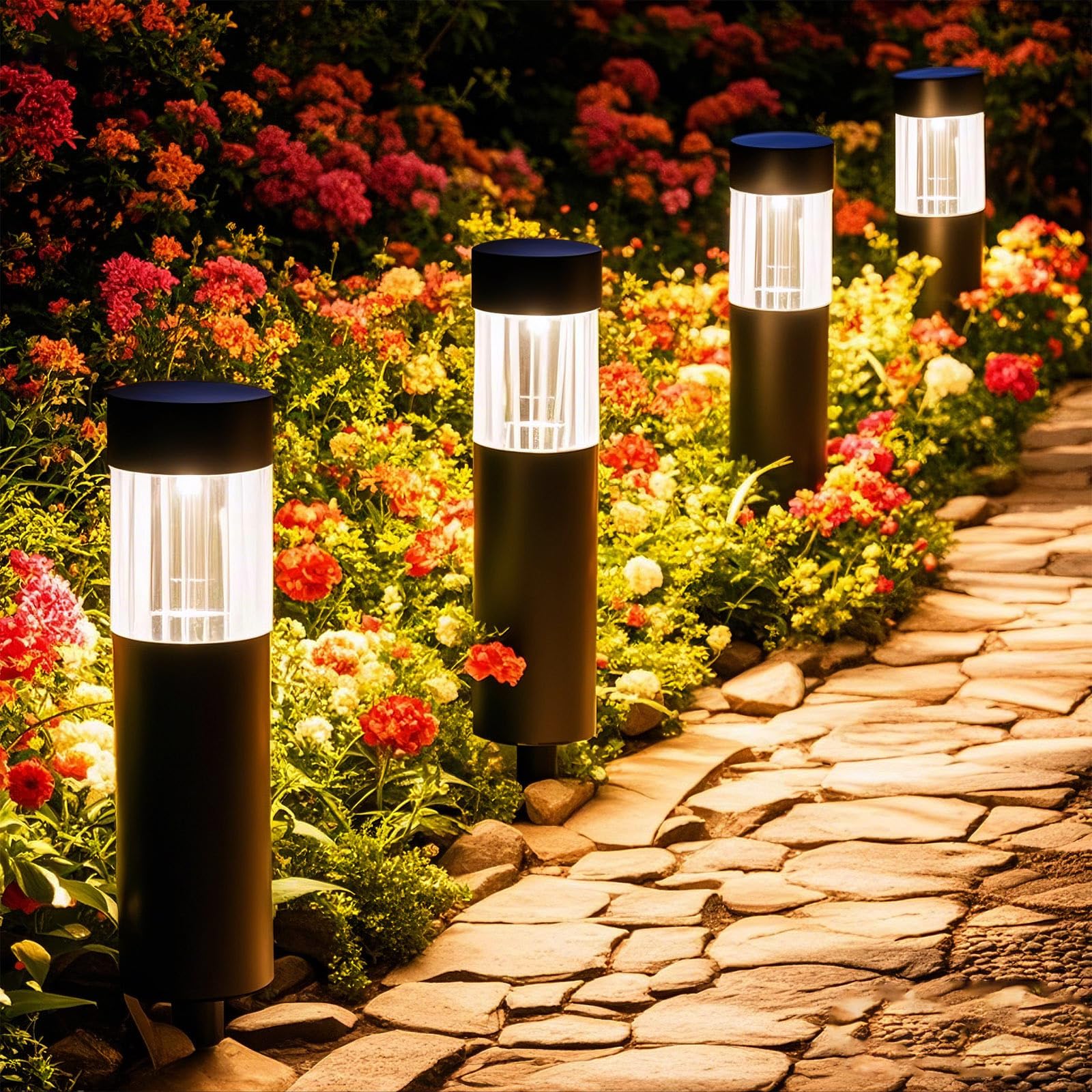 Solar Pathway Lights Outdoor 4 Pack Stainless Steel Solar Garden Lights Bright 35LM Warm White LED Auto On
