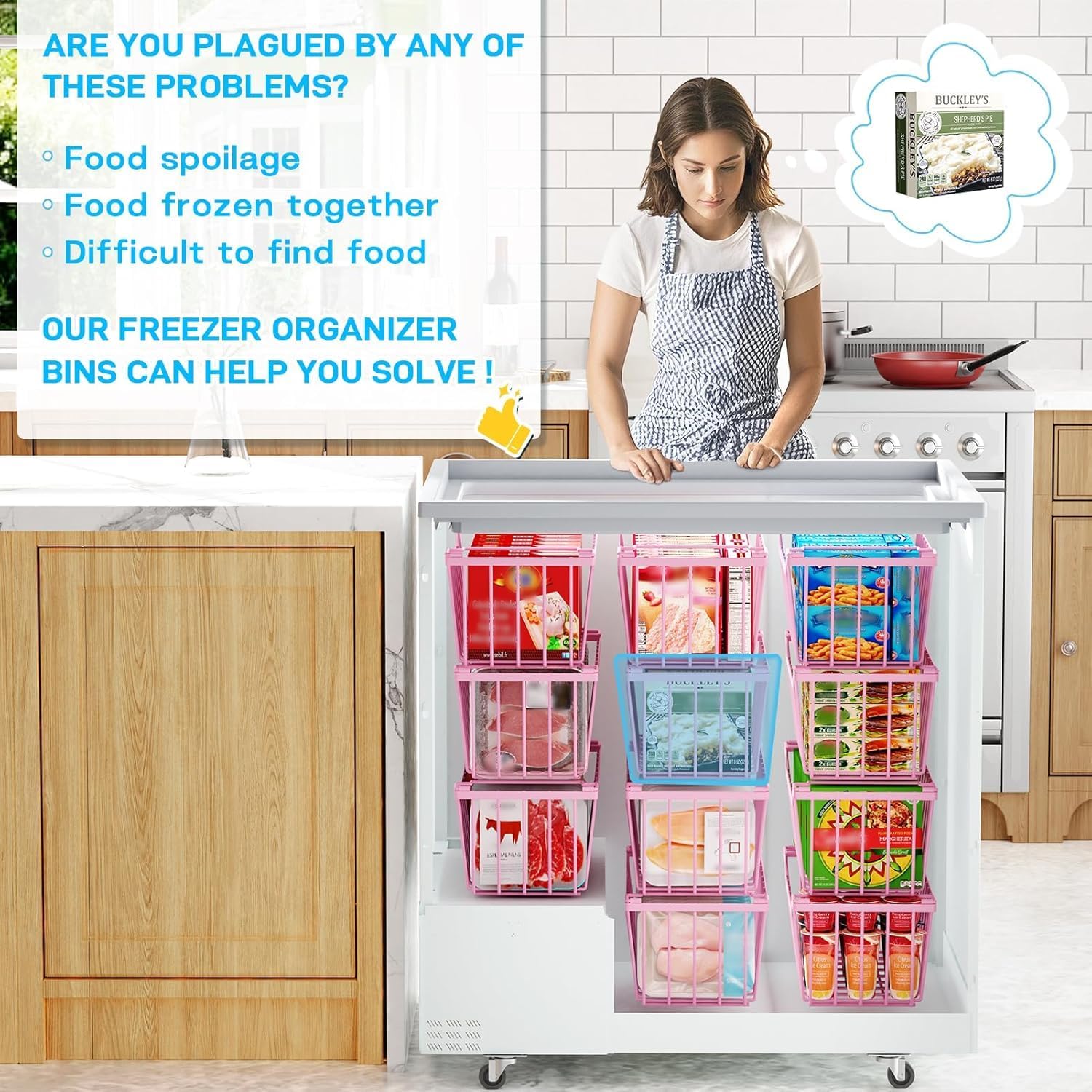 SUNALLY Freezer Organizer Bins, 8 Pack Stackable Pantry Storage Bins, Pink