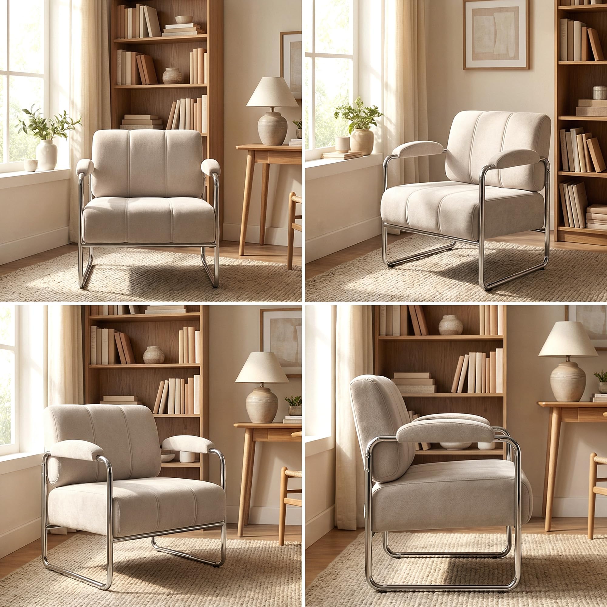 HOMCOM Fotel wypoczynkowy z podłokietnikami, szerokim siedziskiem i grubą warstwą pianki, elegancki fotel z tkaniną chenille, elektroplaterowane stalowe nogi, do salonu lub sypialni, beżowy