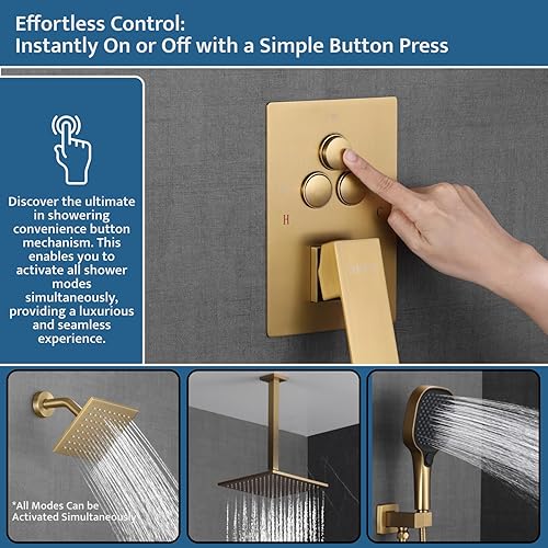 Miniatura 3 de Sistema de ducha dorado cepillado para montaje en techo, accesorios de ducha desviadores de botón con cabezal de ducha 3 en 1, cabezal de ducha de