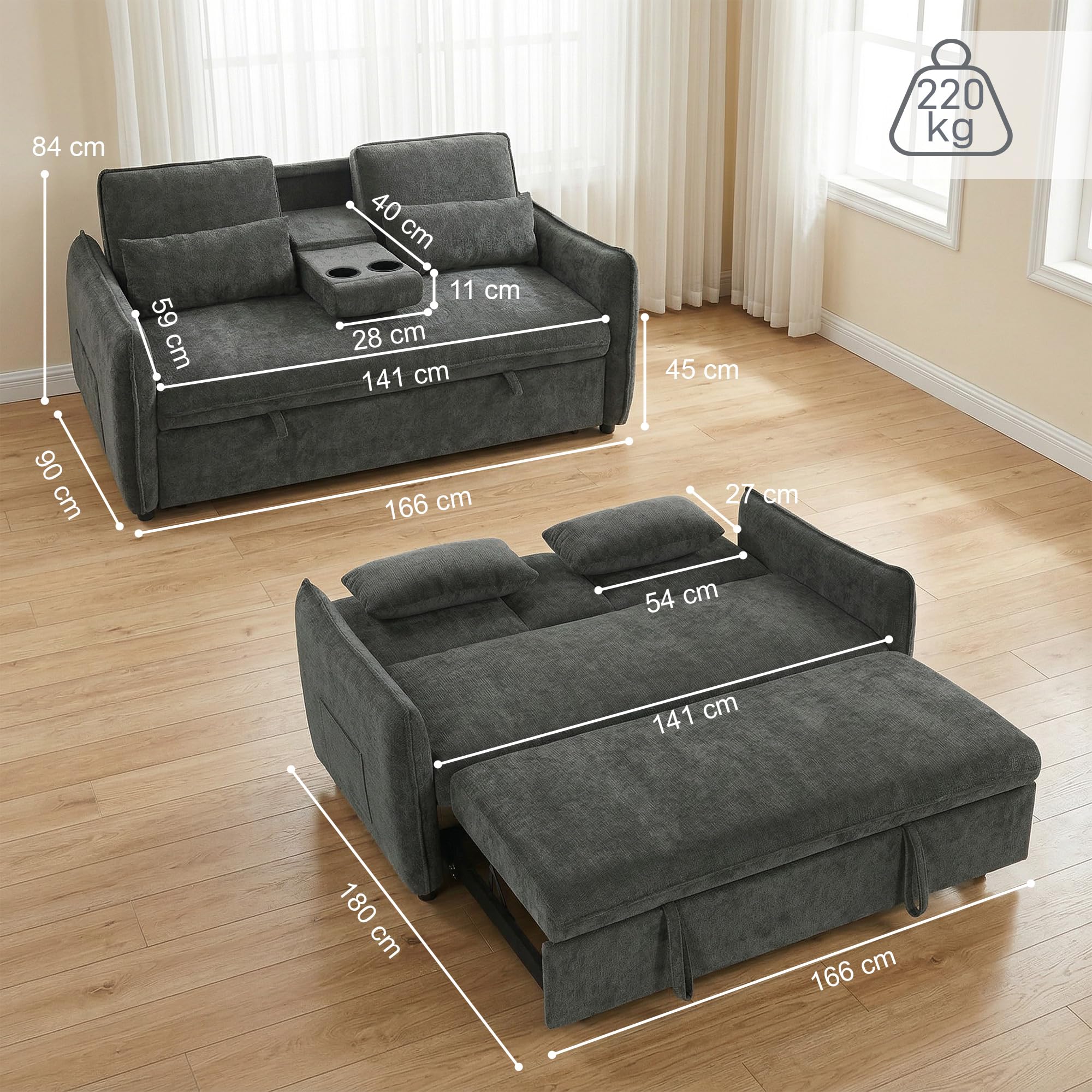 HOMCOM Divano Letto 2 Posti 3 in 1 in Ciniglia, Divano Letto Matrimoniale Clic Clac Estraibile Reclinabile 3 Livelli, Tavolino, 2 Cuscini Spessi, Tasche Laterali, Braccioli, per Soggiorno, Grigio