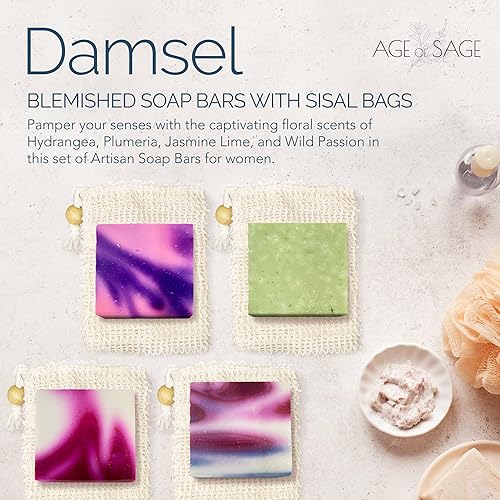 Miniatura 2 de Age of Sage Barra de jabón natural con bolsa de sisal, juego de 4 jabones mixtos veganos artesanales con aceite esencial para mujeres, aroma de