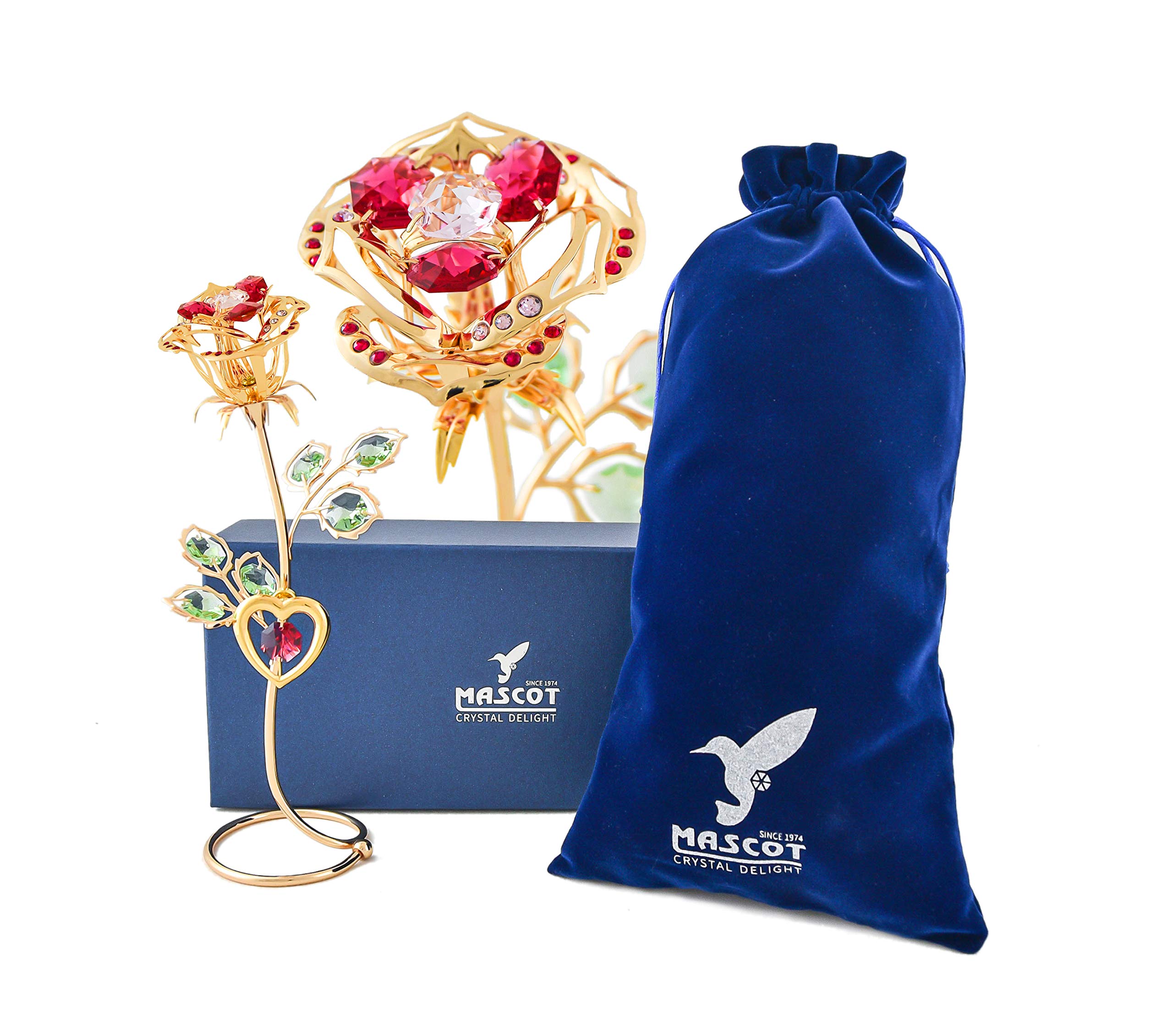 Mascot 24K Gold-Plated Large Rose Figurine w/Mascot Crystals and Heart Magnet | Romantic Gifts for her Mom Birthday Parents Anniversary Home Decorations… (Gold-red)