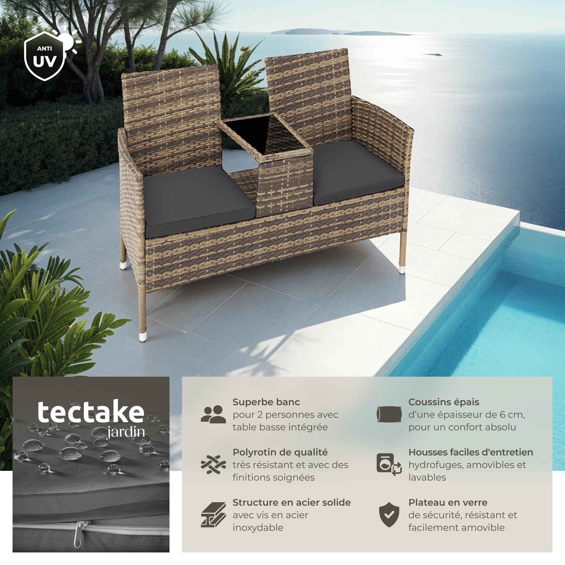 tectake® Banc d'extérieur avec Table intégrée, 133x63x84 cm, Ensemble de Salon de Jardin, Terrasse, Balcon, Résistant aux intempéries, Coussin d'assise 6 cm, Mobilier de Jardin en Rotin 2 Personnes