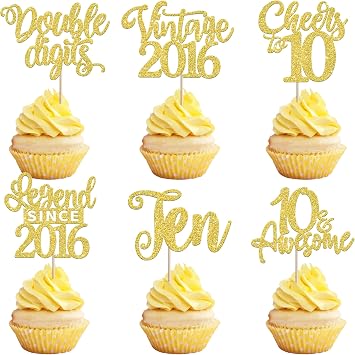 24PCS 10th Birthday Cupcake Toppers Ten Double Digits Vintage 2016 Cupcake Picks Cheers to 10 Lengend Since 2016 Cake Decorations for Happy 10th Birthday Anniversary Party Supplies Gold