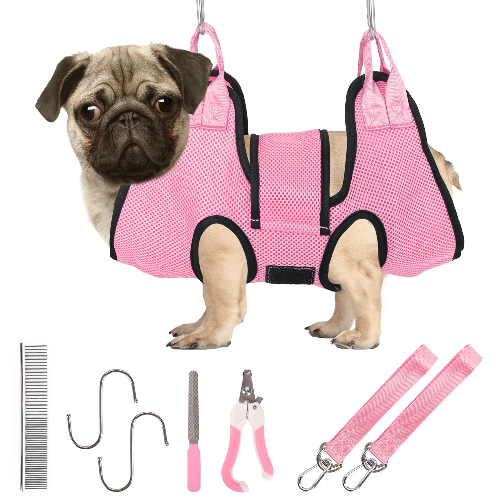 PatiencETDog Grooming Hammock, Pet Grooming Hammock for Cats & Dogs with Security Strap, Dog Sling for Nail Trimming with Nail Clippers/Trimmer, Nail File, Pet Comb(Pink S)