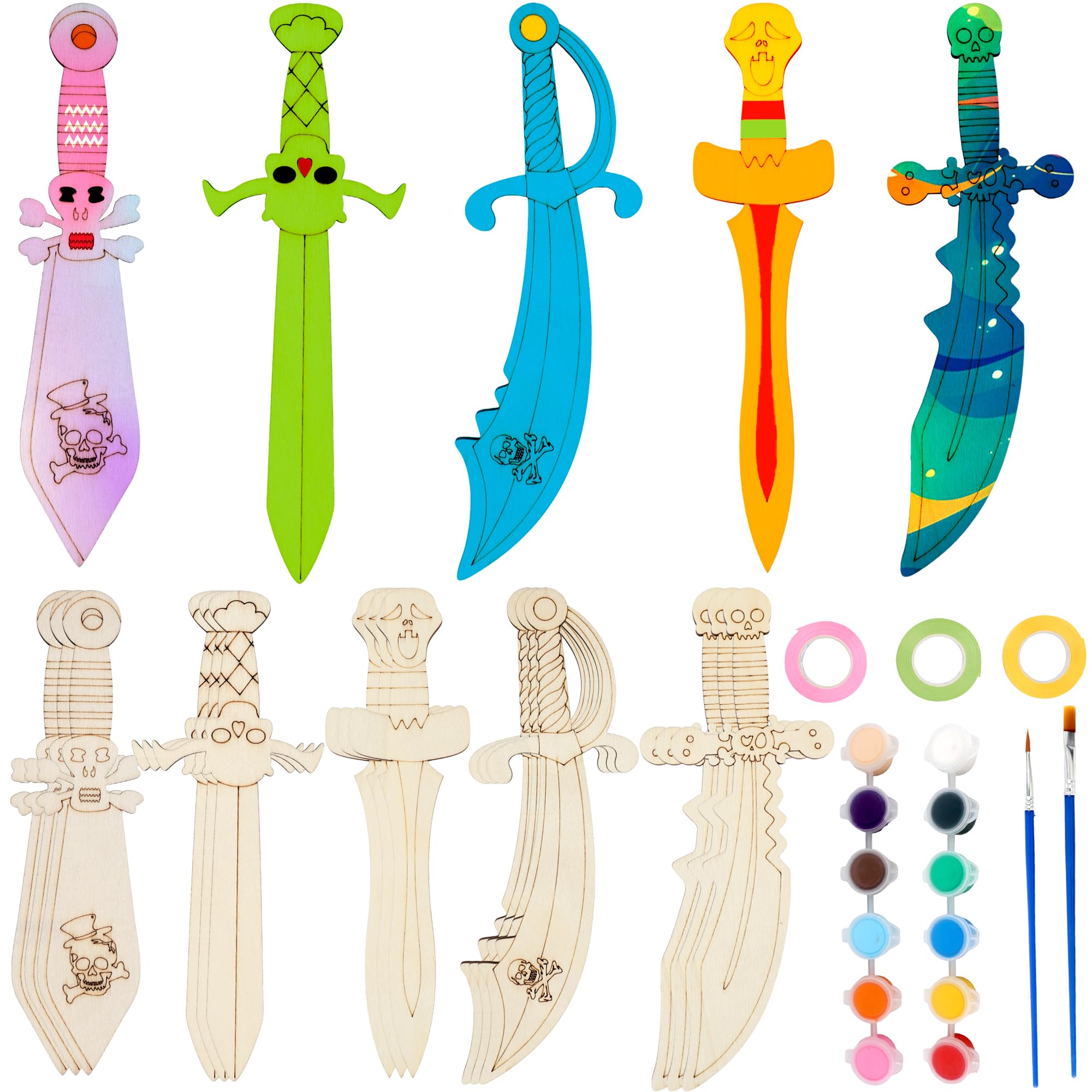 31 Pcs Make You Own Pirates Wooden Swords Set Including 20 Pcs DIY Wood Swords Bulk 3 Pcs Ribbon with 8 Pcs Painting Props for Kids Adults Halloween