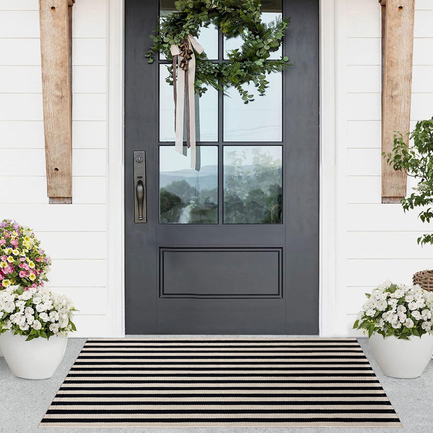 Indoor Outdoor Rug 3x5 Front Door Mat Outdoor Cotton Welcome Mat Outdoor Farmhouse Layered Mat Washable Stripe Outdoor Mats for Entrance Front Door Porch Balcony(Black/Tan) — view 9