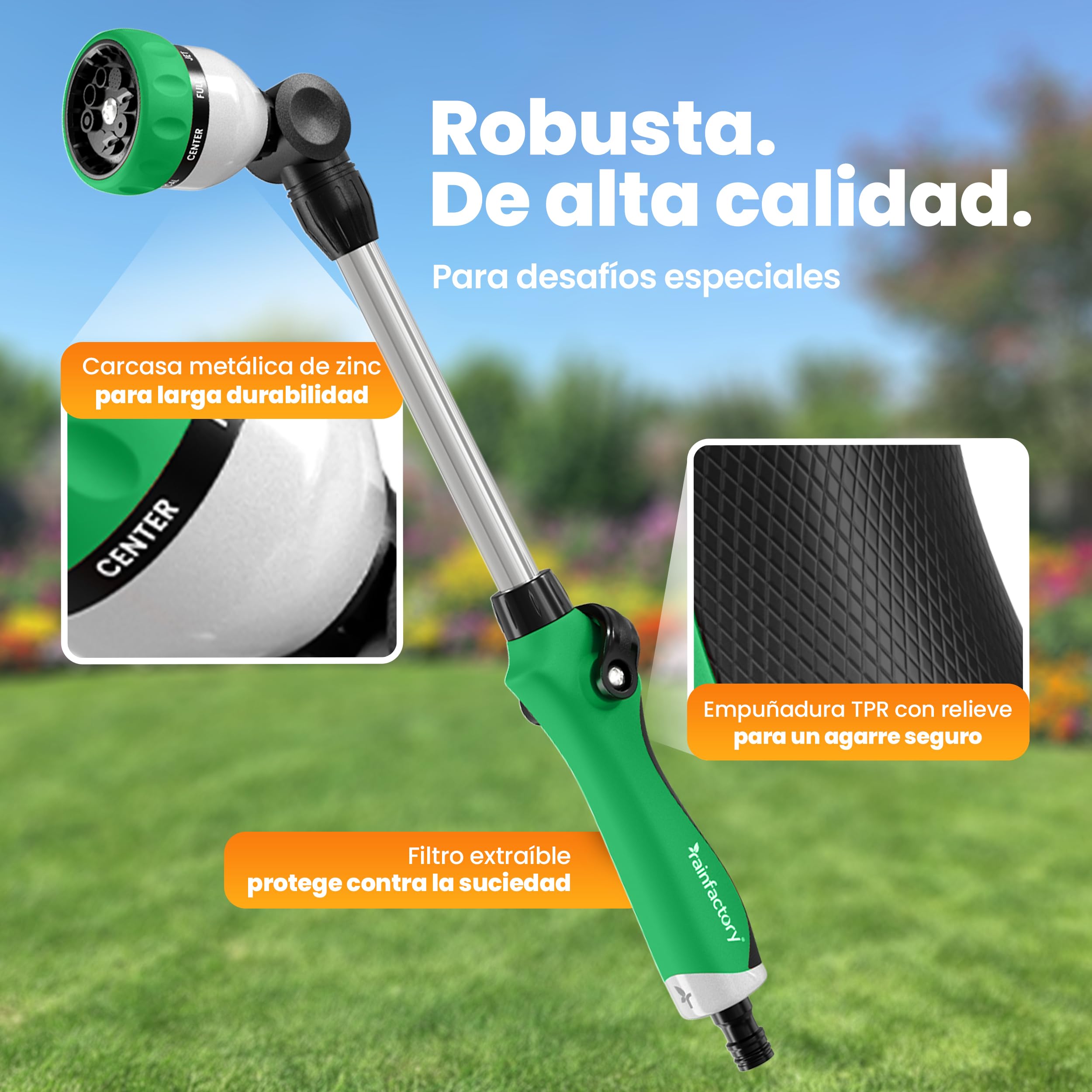 rainfactory pistola manguera jardín 40 cm - lanza de riego con 8 modos de pulverización - boquilla manguera 180° giratoria con control de pulgar, mango ergonómico y antideslizante