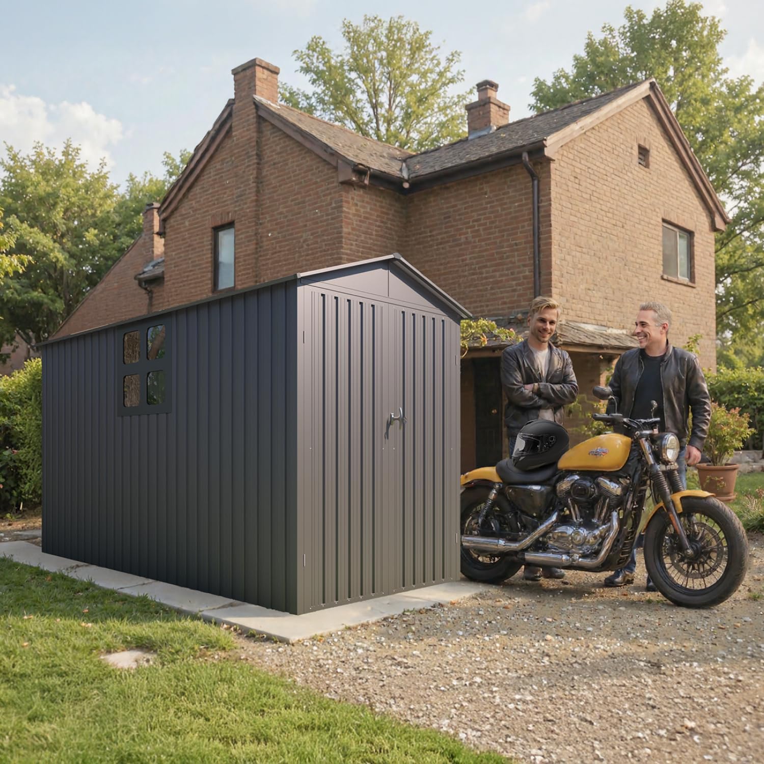 Diagram showing the dimensions of the metal storage shed: 116 inches length, 62.7 inches width, 67.3 inches side height, and 79.7 inches peak height.