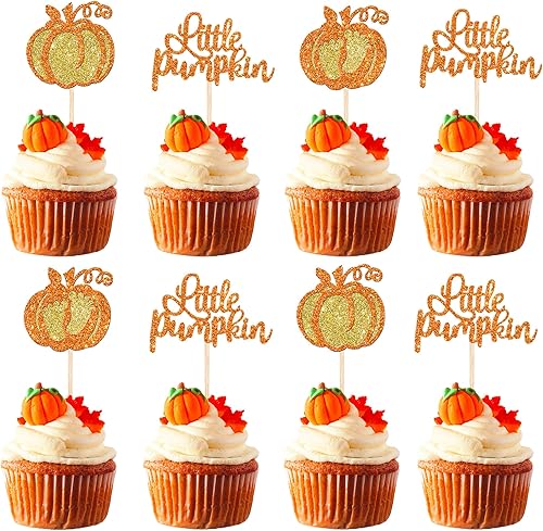 Rsstarxi Paquete de 24 adornos para cupcakes de calabaza con purpurina con temática de otoño, decoración de cupcakes de baby shower, pies de bebé,
