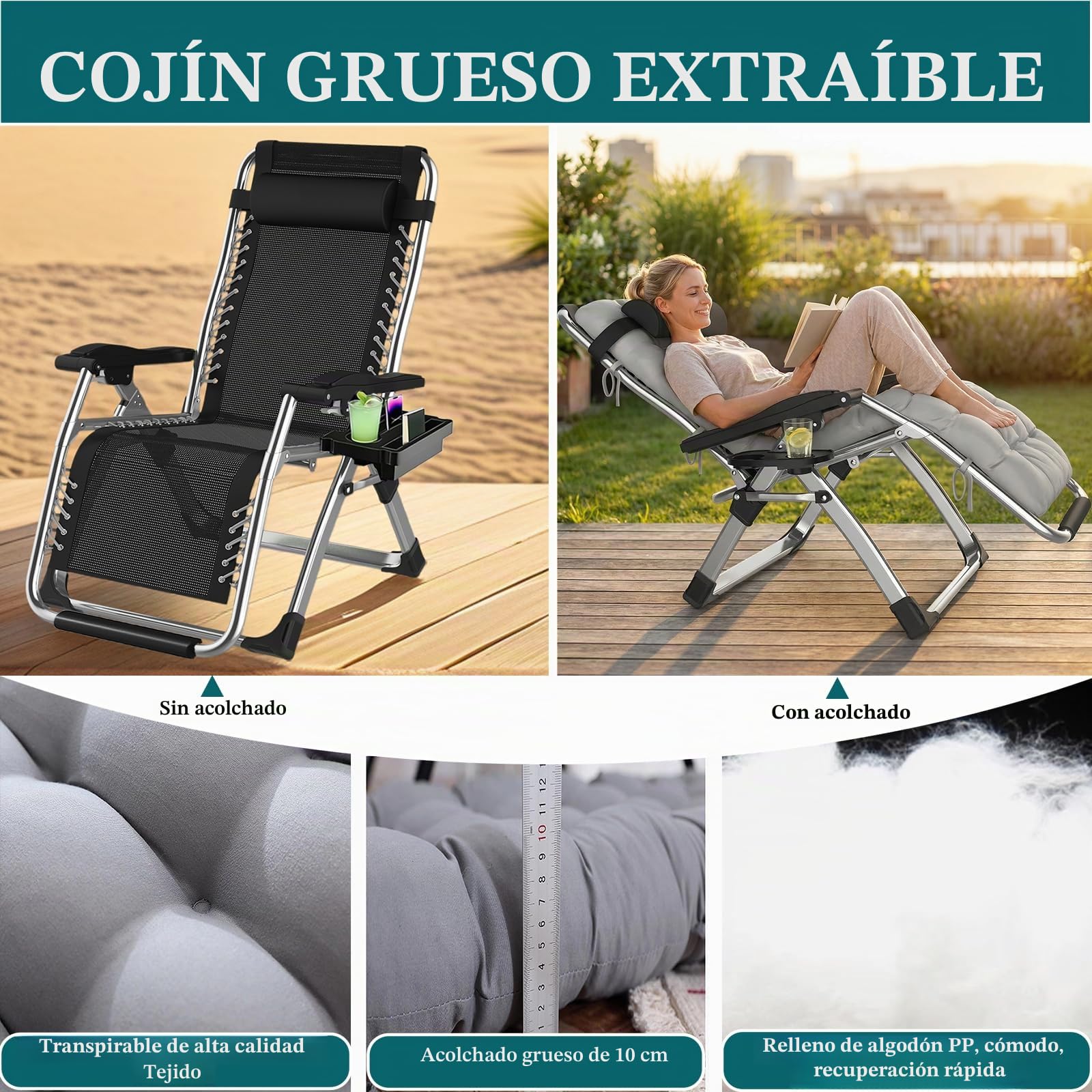 Fiutazge Tumbonas Jardín Exterior de 72cm,Silla de Jardín,Tumbona Plegable con Respaldo Ajustable,Cojín,Reposacabezas,Portavasos,Ergonómico Tumbona de Relax para Camping y Balcón,Gris