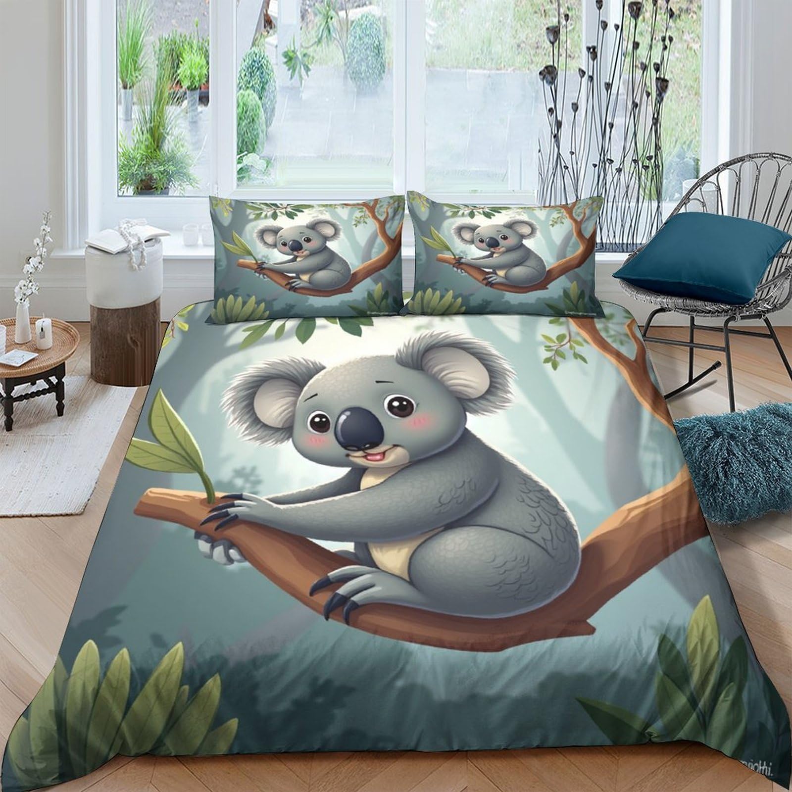 Ctjqhvkz Style-8 3D Printed Cartoon Koala Fitted Sheet Microfiber Soft Green Forest Mattress Cover For Bedroom Guest Room Dustproof Decor Single（135X200cm）