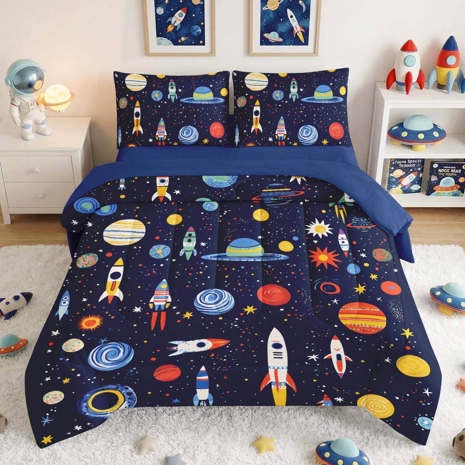 Boys Full Size Space Bedding Set - 5 Piece Rocket & Galaxy Comforter with Deep-Pocket Sheet, Whole-Piece Filling, Machine Washable Bed-in-a-Bag for Kids' Room Makeover & Gifts