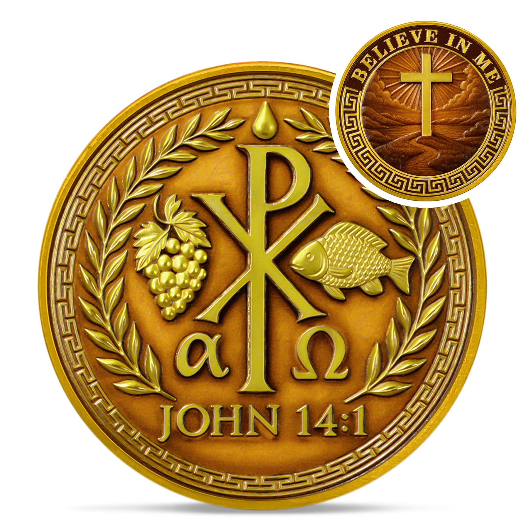 Chi-Rho Christian Challenge Coin - John 14:1 Cross Jesus Religious Token - Believe in Me God Prayer Pocket Bible Verses Chip for Study - Good Luck Grape Fish Gifts for Men Women Kids Coworker