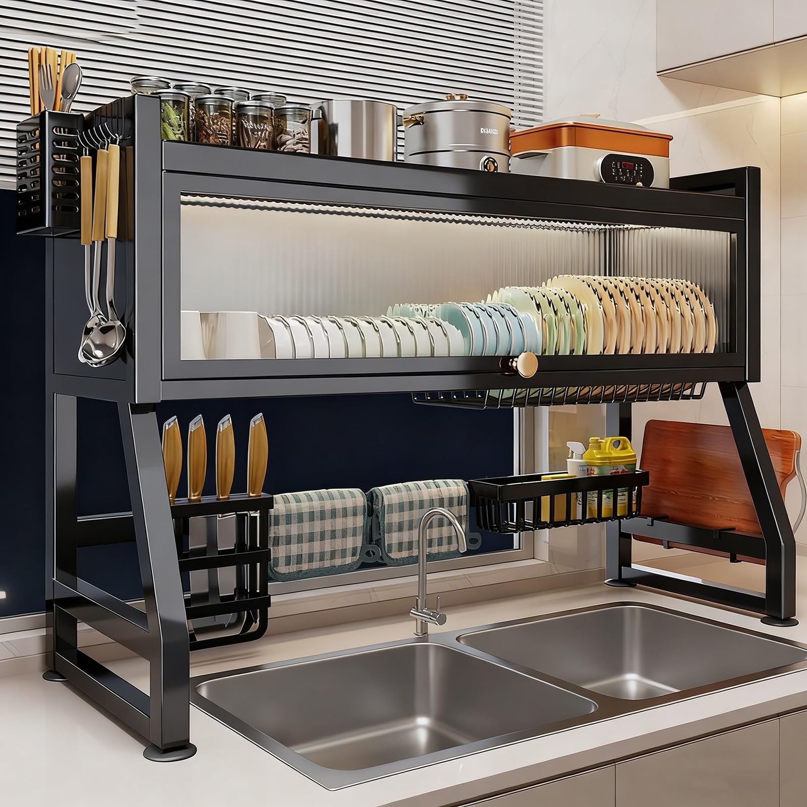 CAFIEDR Space-Saving Carbon Steel Dish Drying Rack Over Sink, 29.5In Kitchen Storage Shelf With Cover, Countertop Organizer For Efficient Dish Storage And Drying.65cm/25.6in