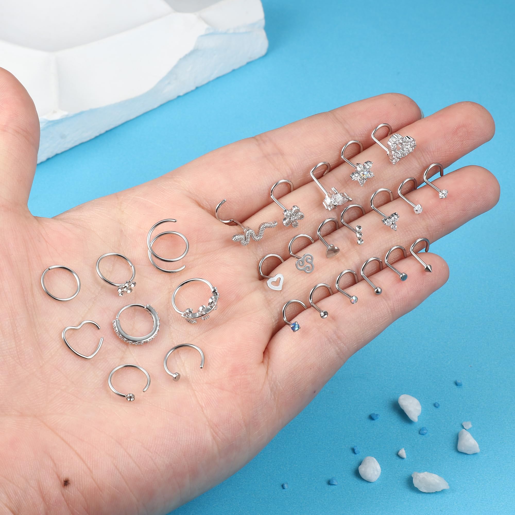 ADRAMATA 26Pcs 20G Piercing Naso Acciaio Chirurgico Piercing Naso Brillantino Piercing Naso Cerchio Farfalla Serpente CZ Argento Piercing Naso Gioielli per Donna Uomo