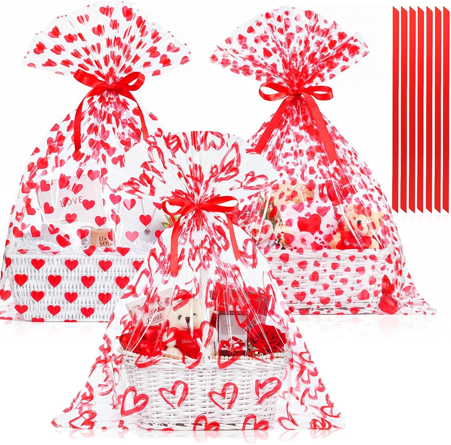 Tenceur 60 Pcs Giant Valentine's Day Heart Clear Cellophane Gift Bags with Red Ribbons - Large 25.6 × 31.5 Inches Valentine's Day Plastic Basket Wrapping for Gifts, Crafts, Dolls, and Toys