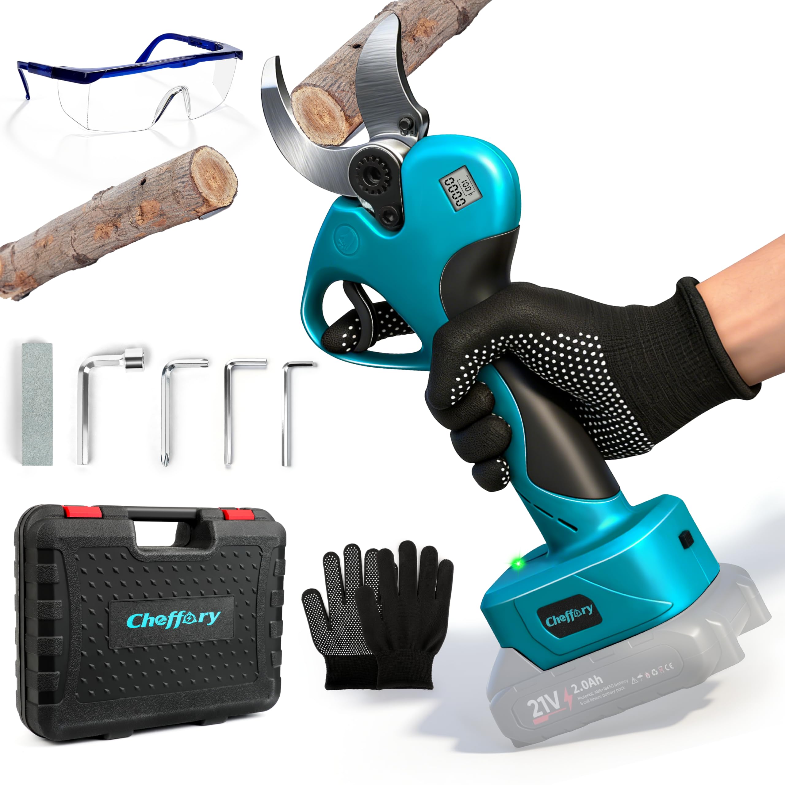 Tijeras de Podar Bateria, 60mm Tijeras de Podar Eléctricas con Motor Sin Escobillas 800W Hojas de Acero SK5 Pantalla LCD, Podadora Electrica para Huertos, Jardines y Granjas (Sin Batería)