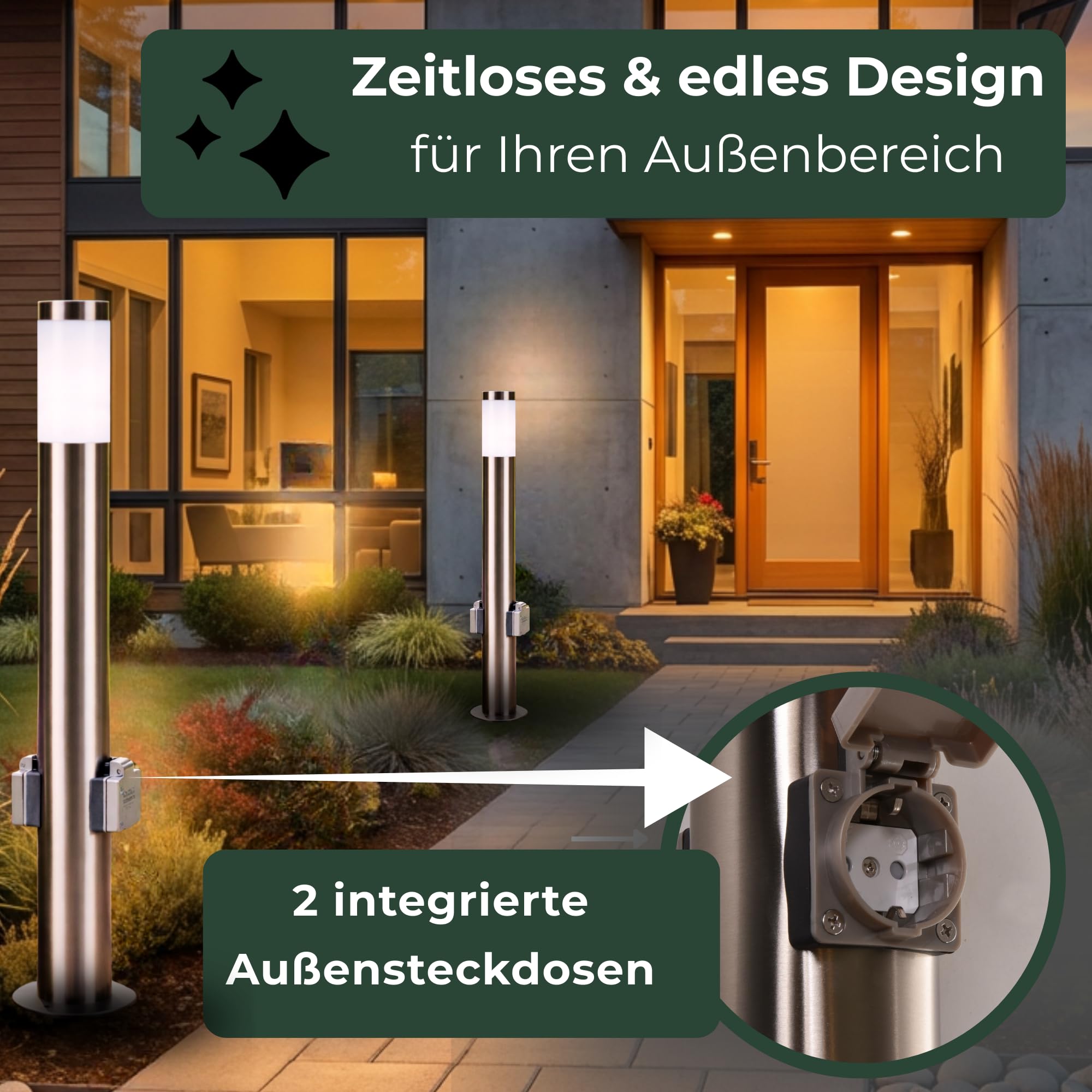 Novatool Gartenlampe I 80 cm I mit 2 Steckdosen I Edelstahl I IP44 I E27 Sockel I Gartenleuchte Stehlampe Säulenlampe außen Aussenleuchten Steckdosenverteiler Steckdosenturm Gartensteckdose…