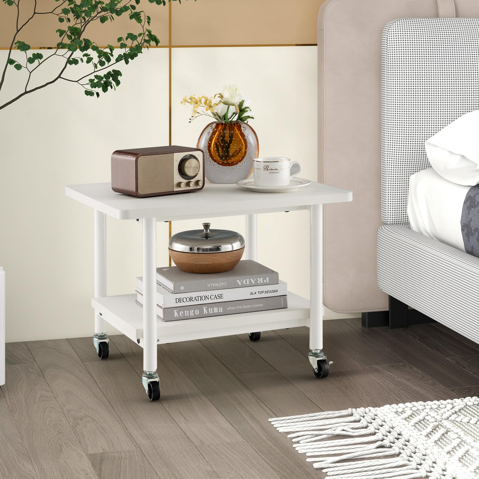 COSTWAY Soporte para Impresora con Ruedas, 2 Nivles, Mueble Impresora de Metal con Almacenamiento, Carrito de Almacenamiento Cocina Oficina, 49 x 40 x 38 cm (Blanco+Blanco)