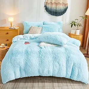Shaggy Fluffy Light Blue Comforter Cover Queen Set – Faux Fur Shaggy Light Blue Bedding 3-Piece Set (1 Duvet Cover + 2 Furry Pillow Shams) Cozy Bed Set