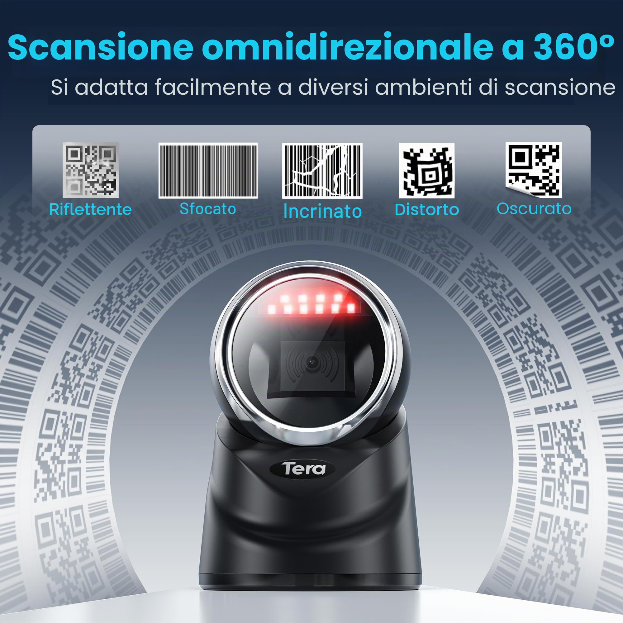 Tera Desktop 1D 2D QR Barcode Reader Cavo USB cablato Omnidirezionale Scanner Lettore di Codici a Barre per Data Matrix PDF417 per il Pagamento tramite Smartphone, Modello 9100