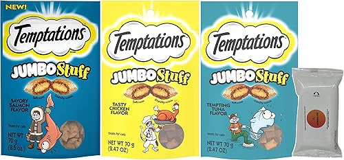 Paquete variado (3) golosinas para gatos Temptations Jumbo Stuff (1) atún tentador (1) pollo sabroso (1) salmón salado con toallitas AuroraPet