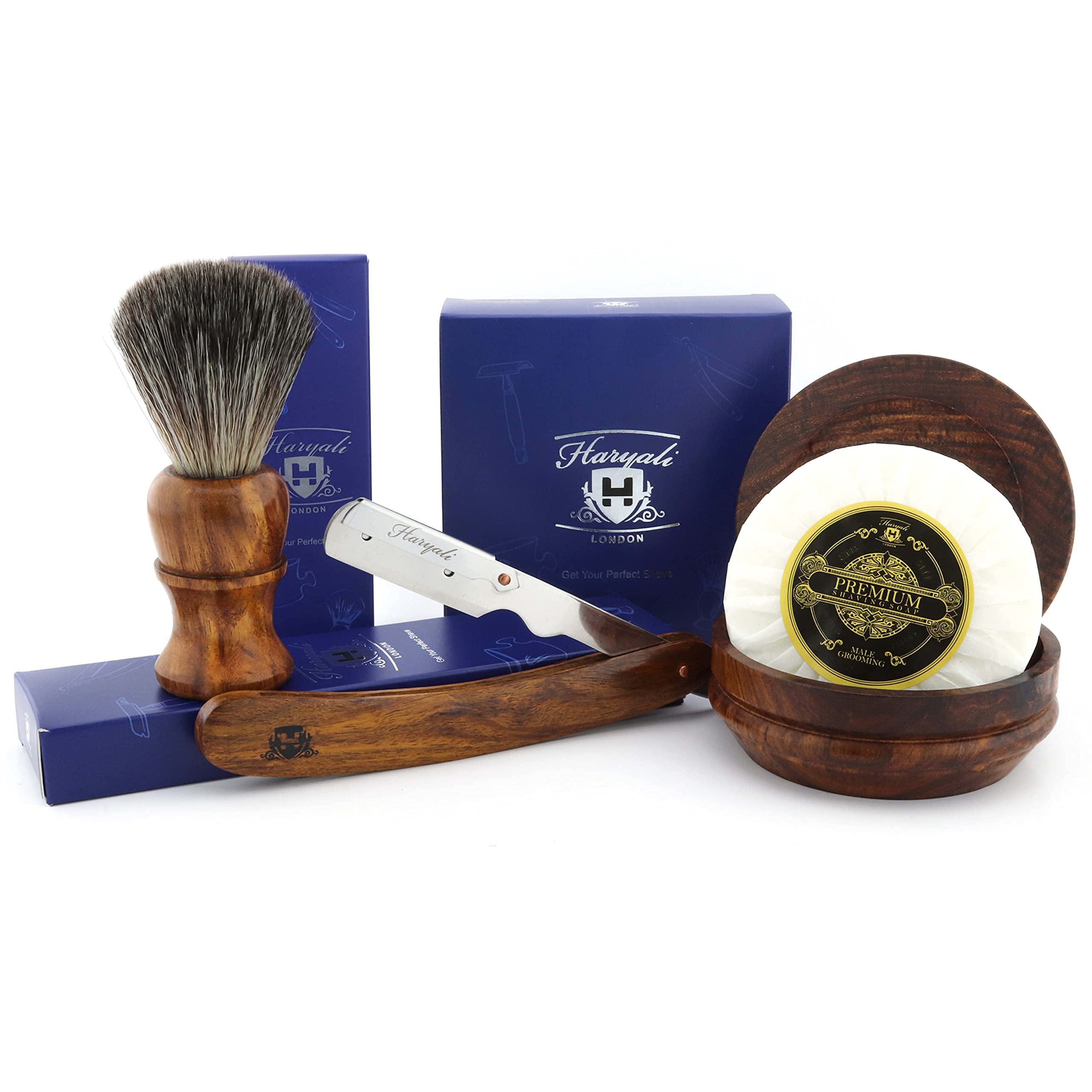 4pz in Legno Depilazione Set con Dritto Taglio Gola / Professionale Rasoio, Nero Tasso Look Allo Stesso Modo Capelli Sintetici Spazzola con Sapone & Vaso Perfetto Set in Legno di Rosa
