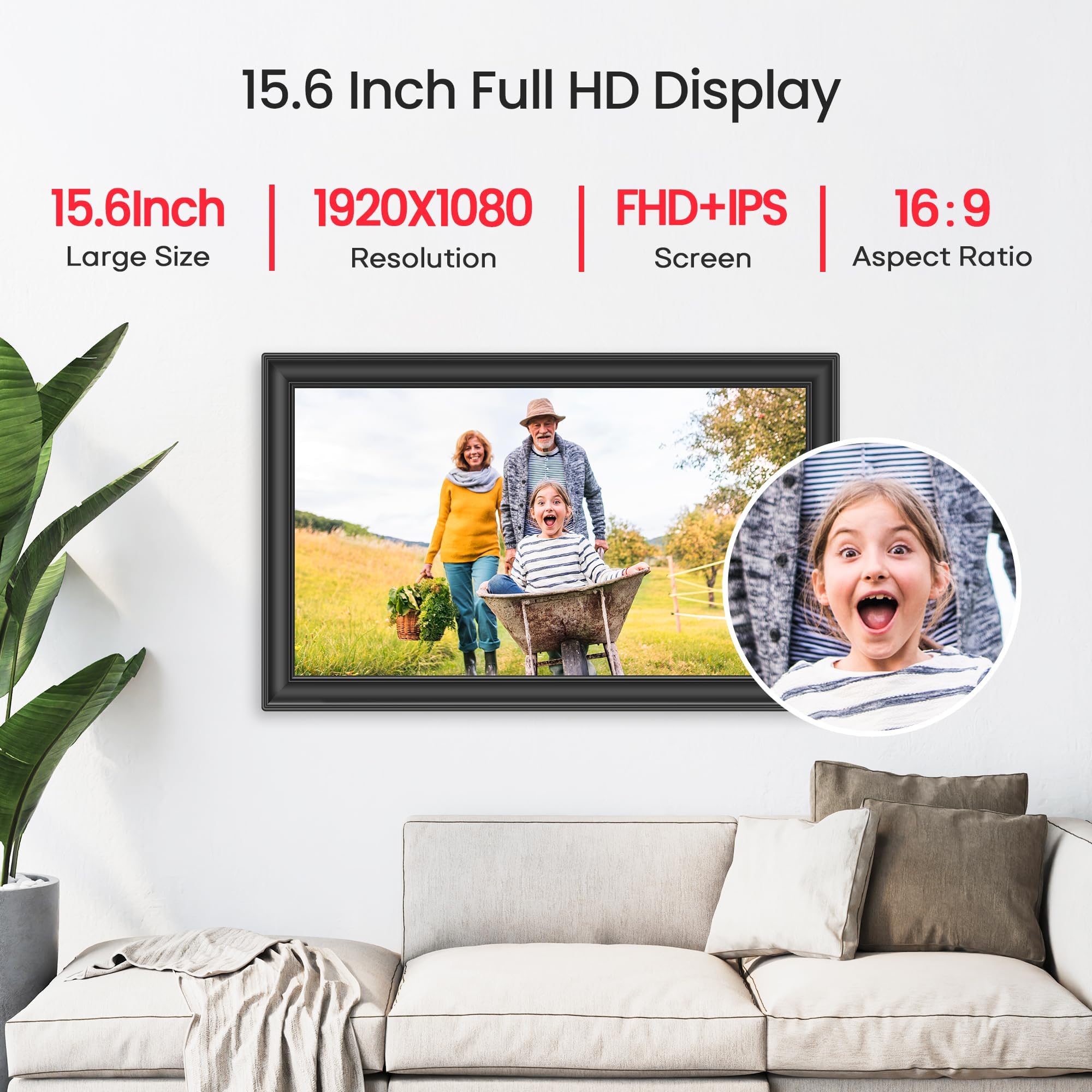 64 GB 15,6 Zoll Frameo Digitaler Bilderrahmen WiFi Schwarz - 1920 * 1080P FHD IPS Touchscreen Große elektronische Bilderrahmen, Auto Drehen, Wandmontage, Teilen von Fotos und Videos