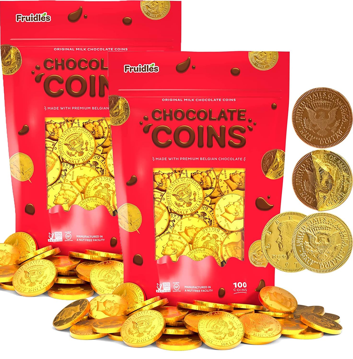 Milk Chocolate Coins, Gold Half Dollar Coins, Made with Premium Belgian Chocolate, Nut Free, Non-GMO, Kosher Dairy (200 Coins)