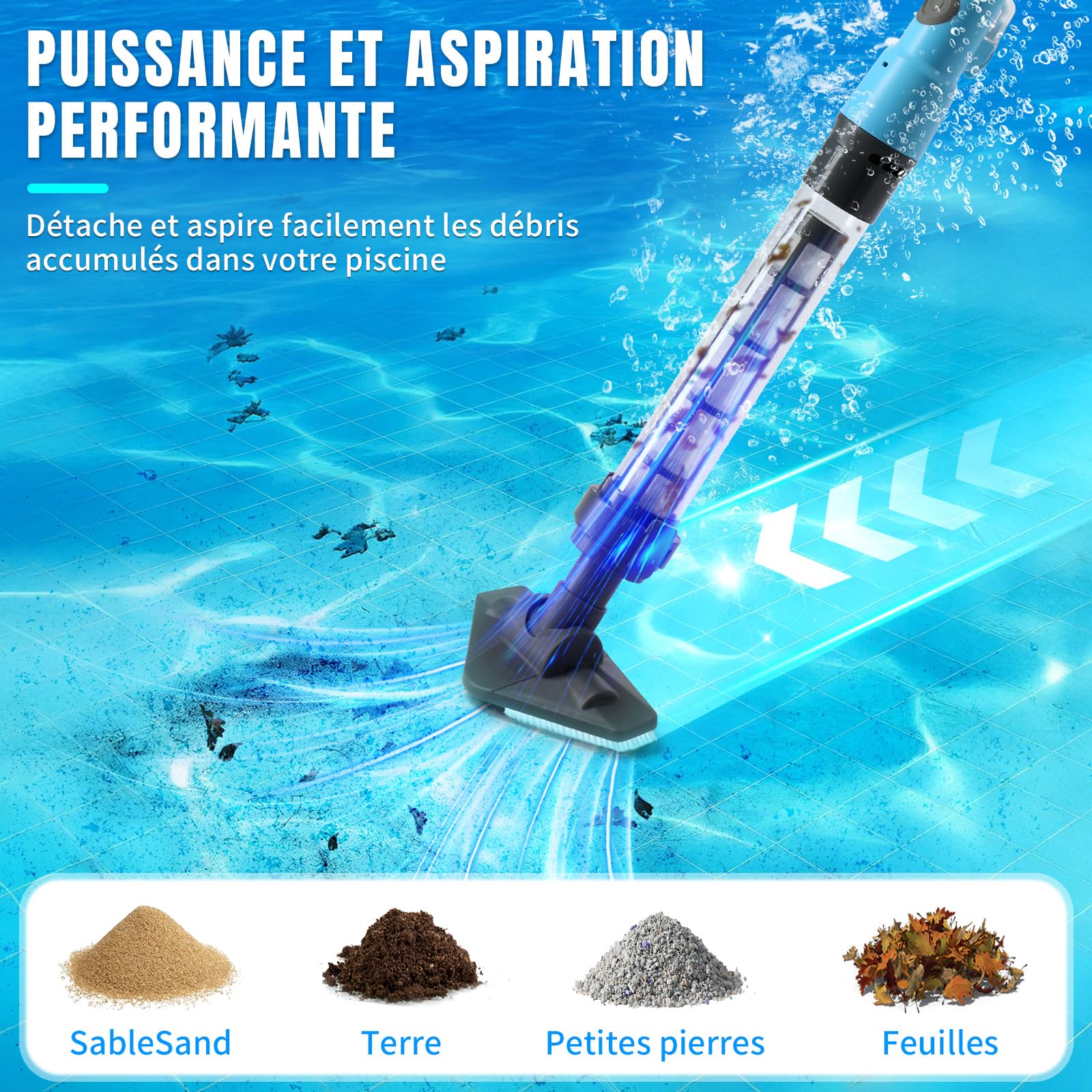 LEADZM Aspirateur Piscine Batterie sans Fil 4000mAh, Aspirateur Piscine Hors Sol pour Spa, 60 Min Autonomie, 220x17,2x9,6cm (Bleu)
