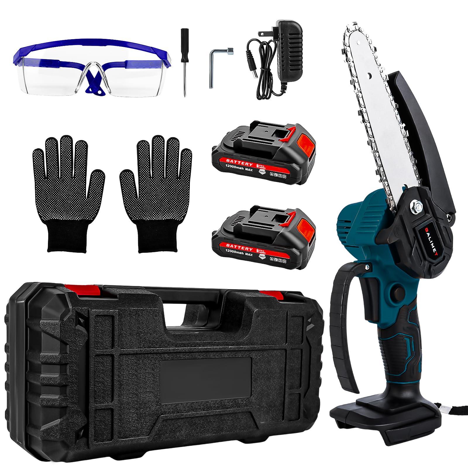 Mini motosierra eléctrica de 6 pulgadas con 2 baterías de 6000mAh y cargador,Batería de motosierra manual con cerradura de seguridad Batería de motosierra manual para podadoras podadoras cortador b